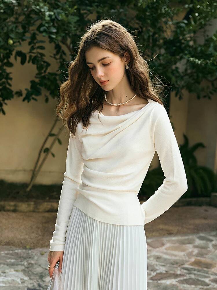 OLrain Women's Apricot White Sweater 2025 Autumn Winter Ladies Knitwears Asymmetrical Long Sleeve Tops for Woman M57CZ95633 dongdumaoyi