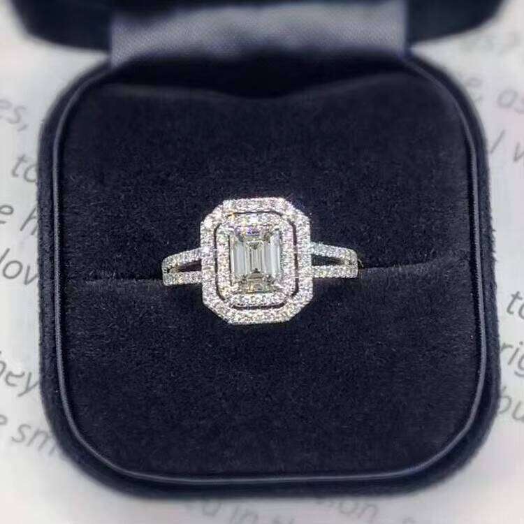 A White Gold 1CT Emerald Cut Moissanite Centre Gem with Double Halo Wedding Ring Women