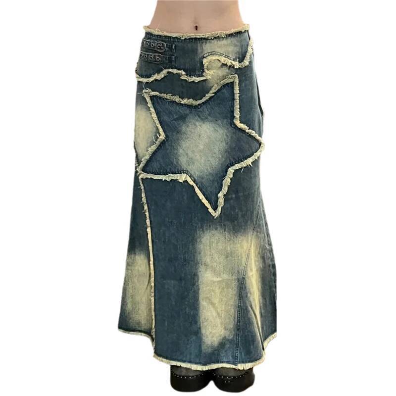 2025 Summer New Women's Cowboy Skirt Y K Aesthetic Garbage Flower Fairy Pentagram Pattern Long Skirt trend Tassel Skirt Street Wear New Designer