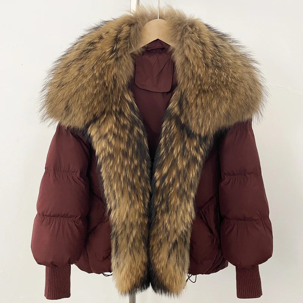 OFTBUY Winter Large Raccoon Fur Puffer Coat Women Knit Sleeve White Duck Down Jacket Oversized Feather Down Parka 250804