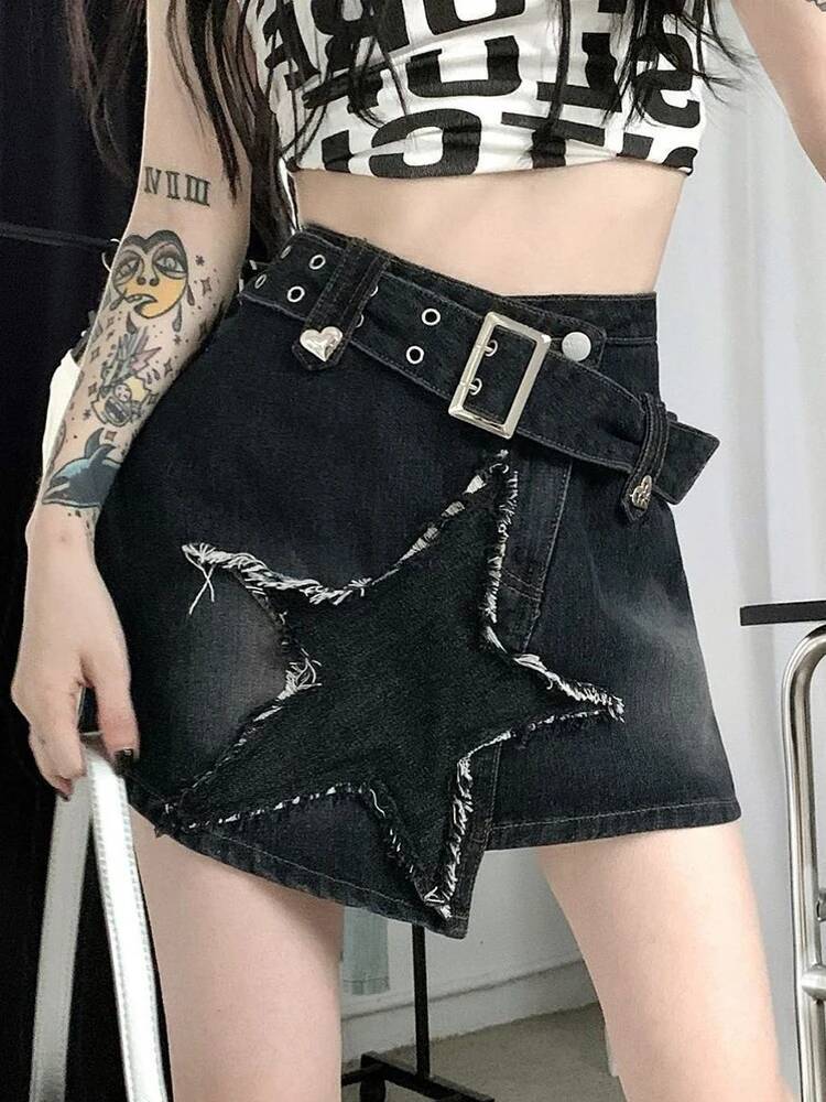 2025 Summer New Women's Zoki Retro Star Y K Cowboy Skirt High Waist Harajuku Belt Black Mini American Street Wear fashion Gothic Designer