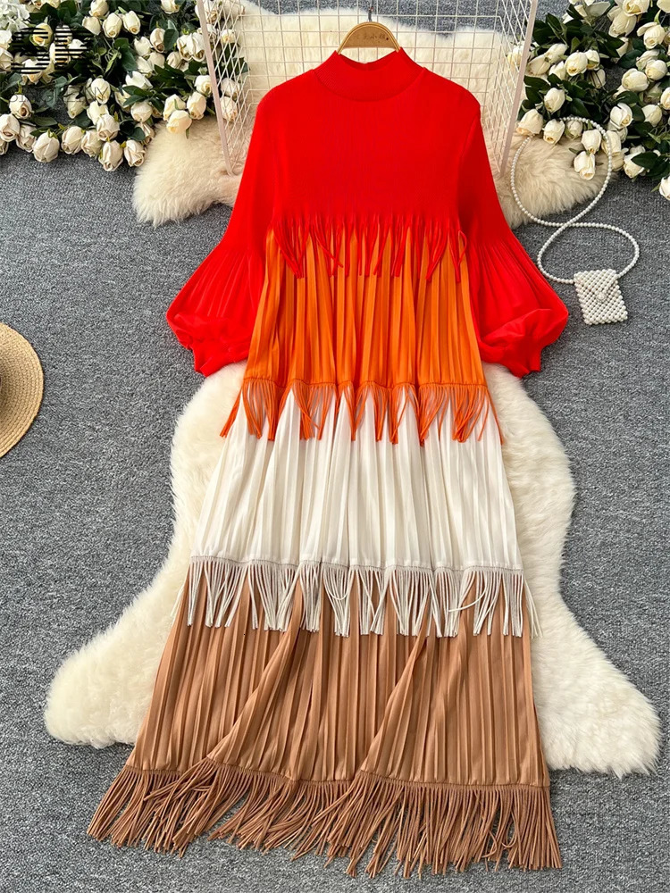 SINGREINY Multicolor Spring Loose Dress Women Lantern Sleeve Temperament O Neck 2025 est Vintage Tassel Senior Long Dresses 250728