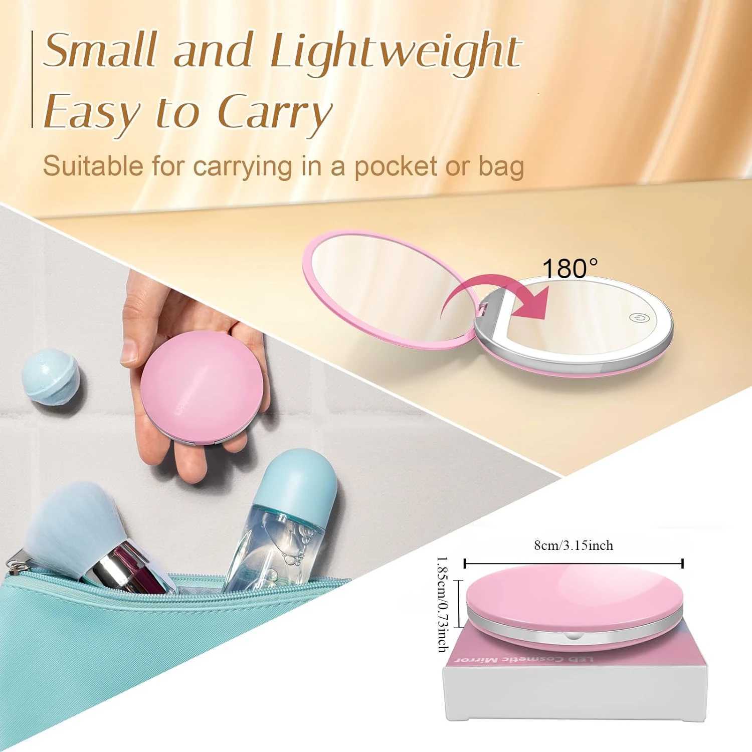 Compact Mirror with Light 1X/3X Magnification LED Pocket Mirror with USB Data Cable Pink Mini Mirror for Purse Pocket Travel Z250807