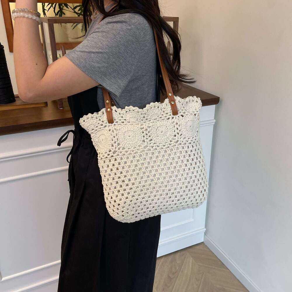 Korean Hollow Cotton Rope Woven Underarm Tote For Women New Handheld Bucket Vacation Beach Bag B5