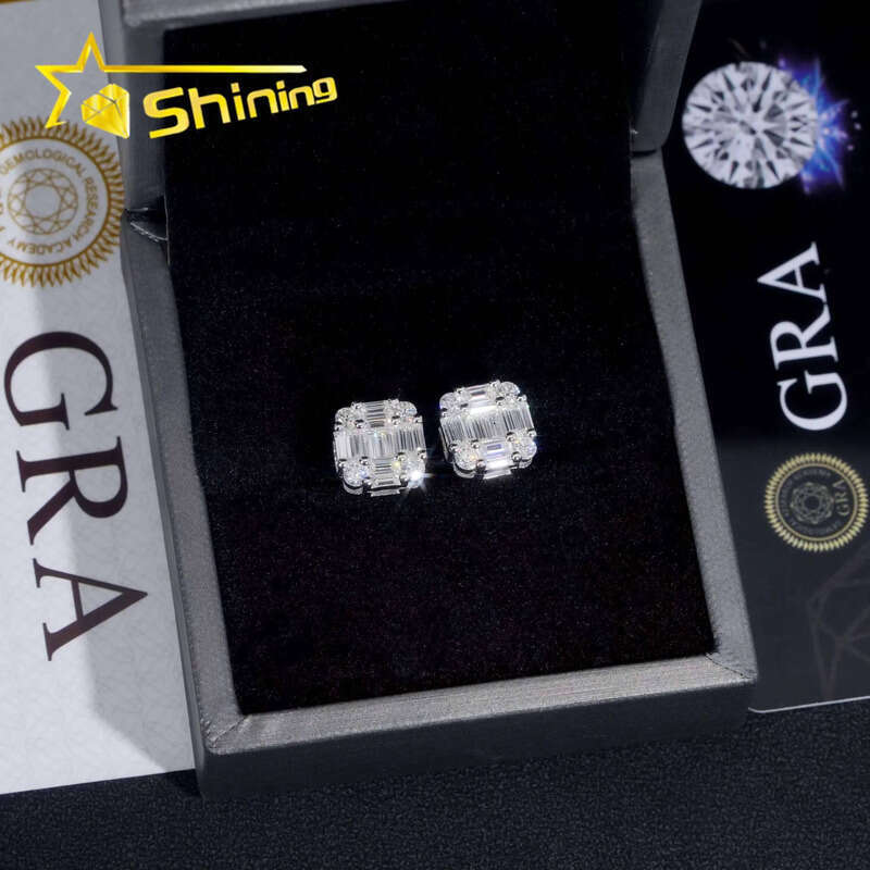Ready to Ship Hip Hop Jewelry Pass Tester Sterling Sier VVS Moissanite Dia Classic Baguette Stud Earrings