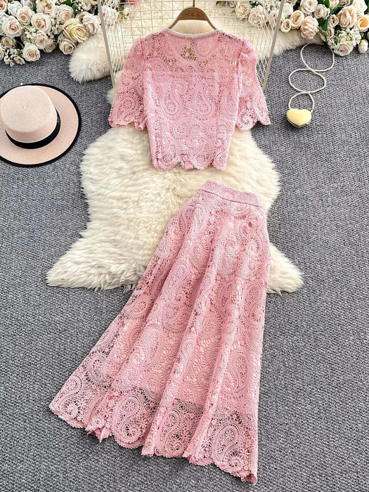 Elegant Pearl Long Dress Suits Women 2 Piece Sets Summer Short Sleeve Flower Embroidery Lace Shirt A Line Midi Skirt Sets 250728