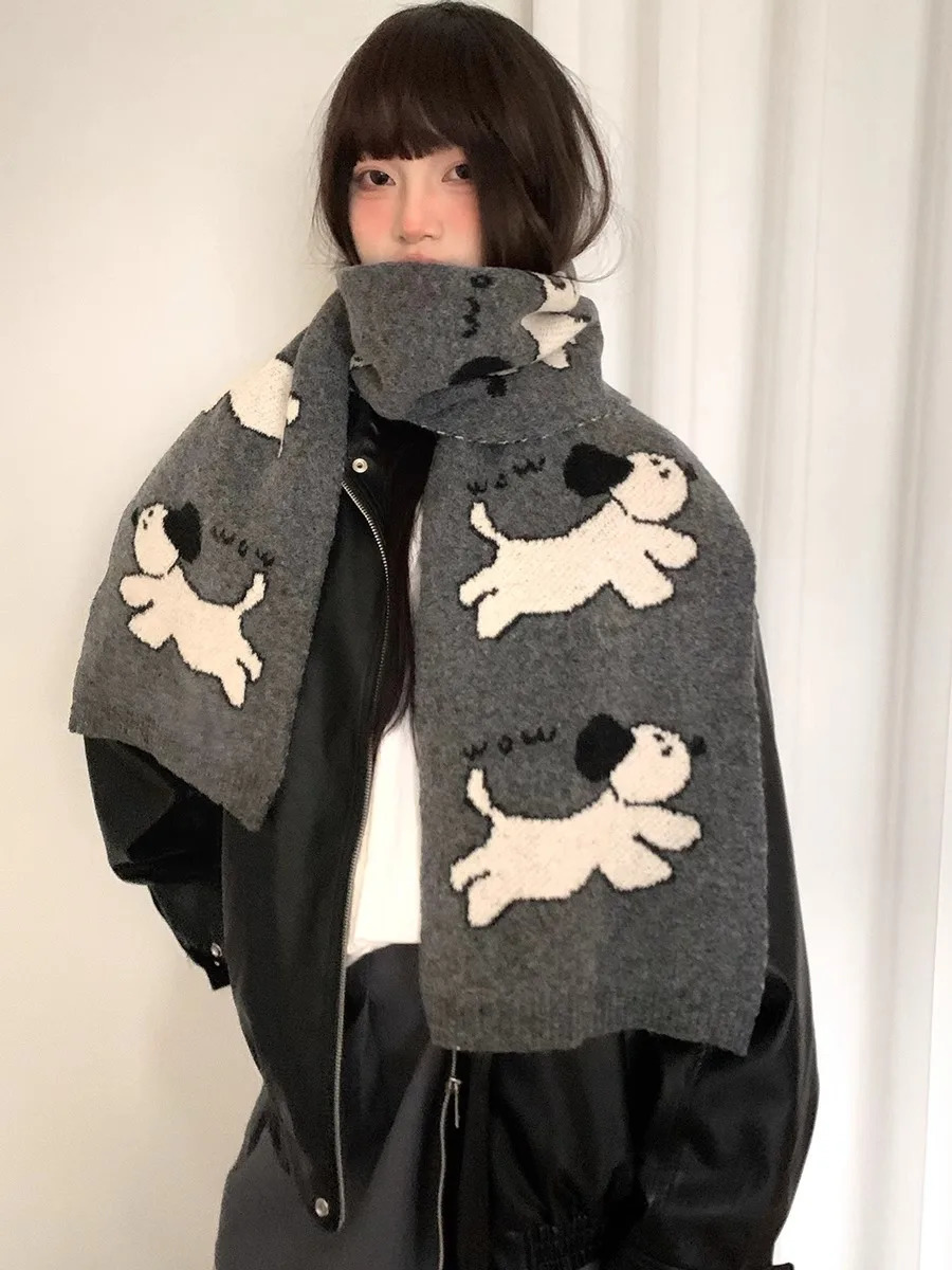 Cute Cartoon Small Dog Wool Blend Knit Scarf For Women Autumn And Winter Korean version Warm Neck Scarf Anti-Cold Gray 250807