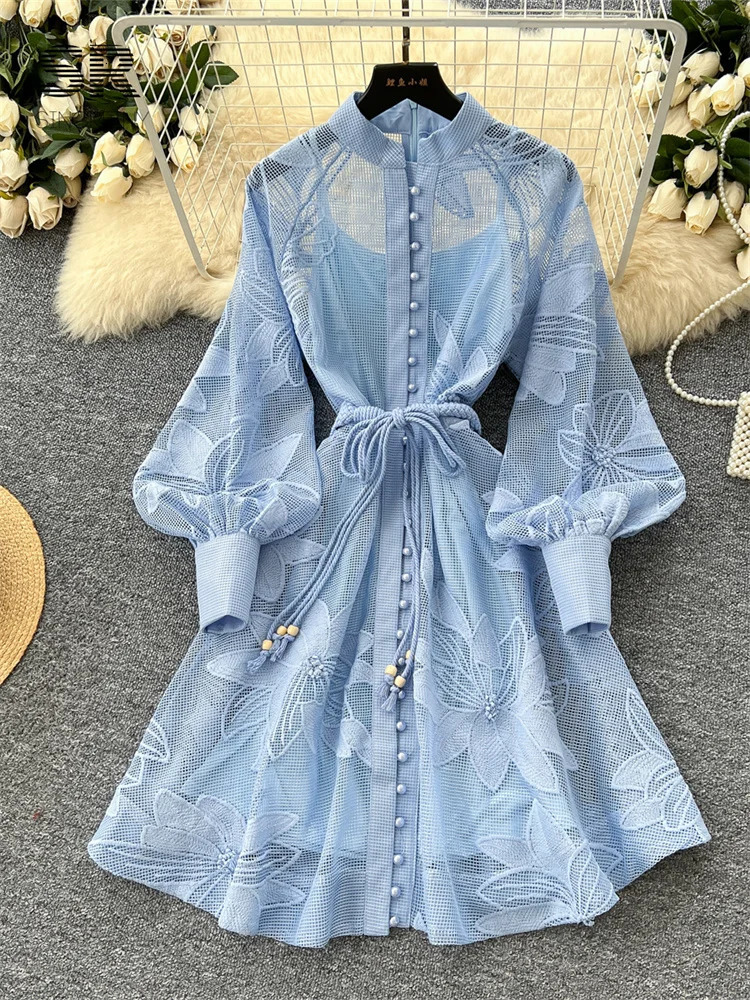 SINGREINY Women Elegant Floral Emboridery Dress Hollow Out Long Sleeve Single Breasted Belt French Court Chic Short A Line Dress 250728