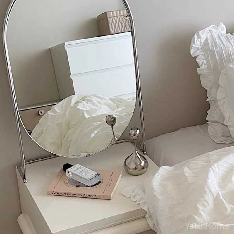 Rotating Oval Makeup Mirror Metal Standing Mirror Bathroom Desk Standing Korean Hairdressing Mirror Wall Mirror Home Bedroom Decor Z250807
