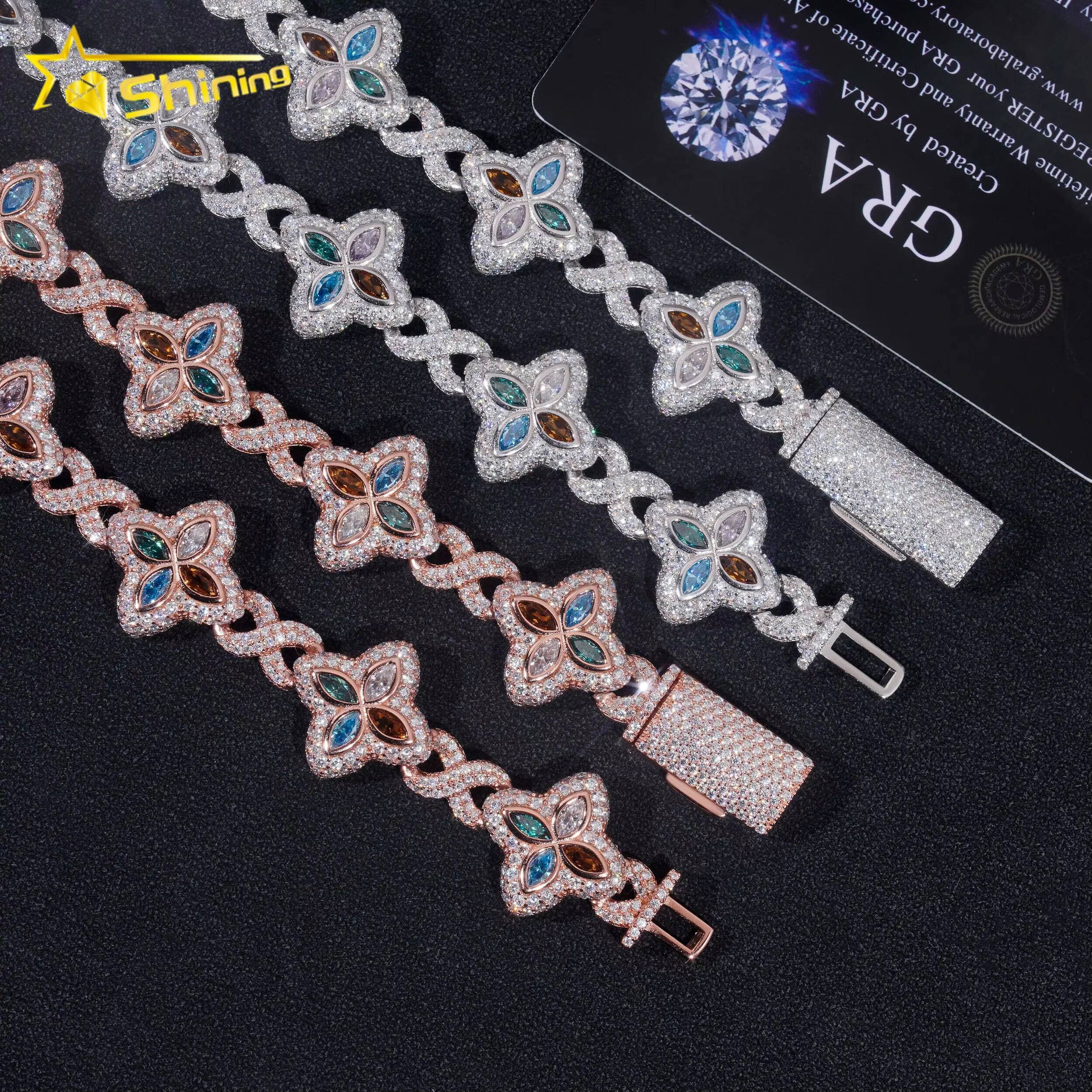 Top Quality New Arrival 15MM 925 Sterling Silver Hip Hop Jewelry Iced Out Chain Cuban Link Chain Colored Moissanite Necklace