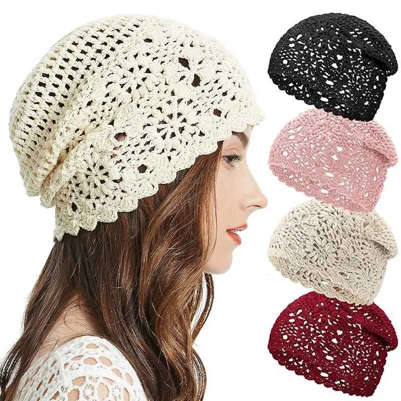 New Women Handmade Crochet Slouchy Beanie Knit Hat Elegant Flower Hollow Out Breathable Skull Cap Elastic Beanies Chemo Cap Z250808
