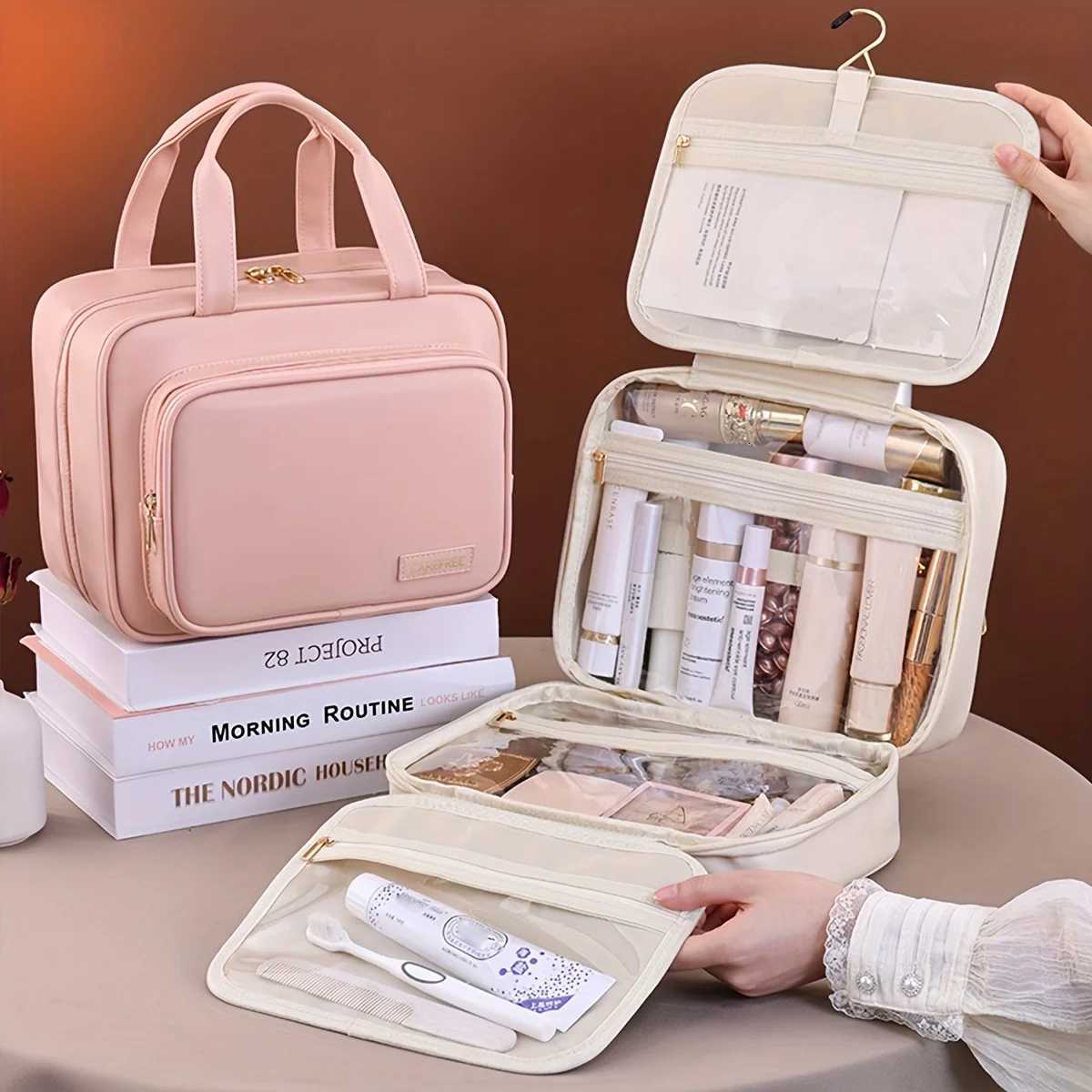 New PU Leather Hanging Cosmetic Bag For Women Portable Storage Makeup Organizer Large Capacity Travel Toiletry Storage Bags Y250808