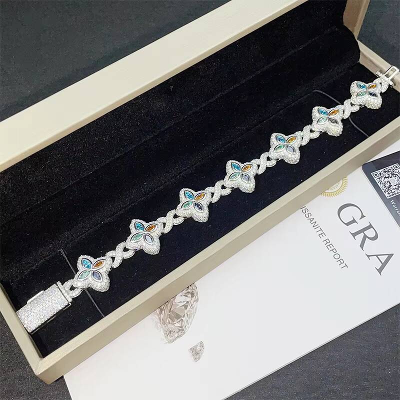 New Arrive Beautiful Flower Chain Bracelet Iced Out Chain Hip Hop Jewelry Moissanite S925 Silver Cuban Chain Bracelets With GRA