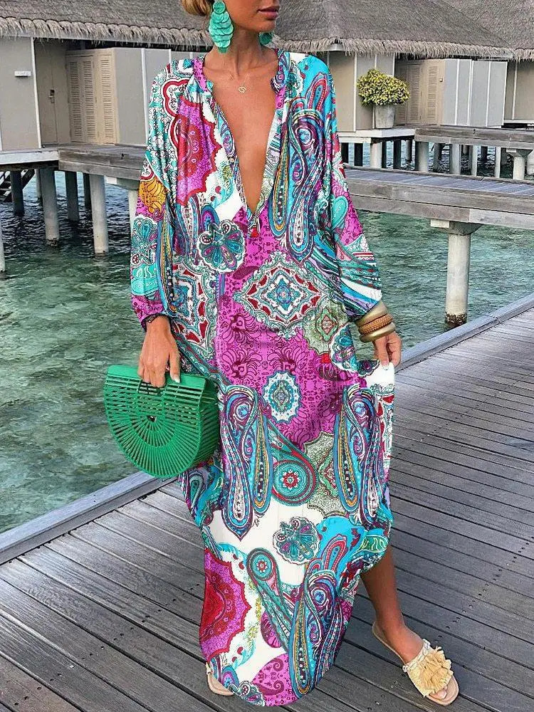 Women Boho Print Loose Beach Dress 2025 Spring Summer Elegant Deep V-Neck Maxi Dress Ladies Sexy Long Sleeve Oversized Dresses 250728