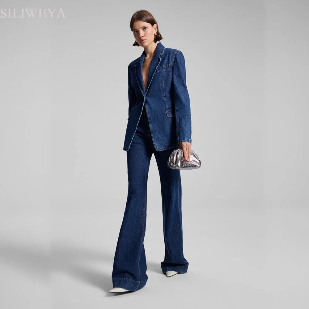 SILIWEYA Denim Womens Blazer Suits Fashion Single Breasted Notch Lapel Slim Fit 2 Piece Jacket Pants Outfits Female Clothing 250728