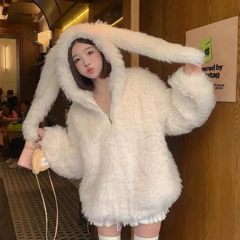 Womens Faux Lamb Fur Coat Rabbit Ear Loose Thickened Autumn Winter Style Adorable Jacket Short Outerwear Coat 250806