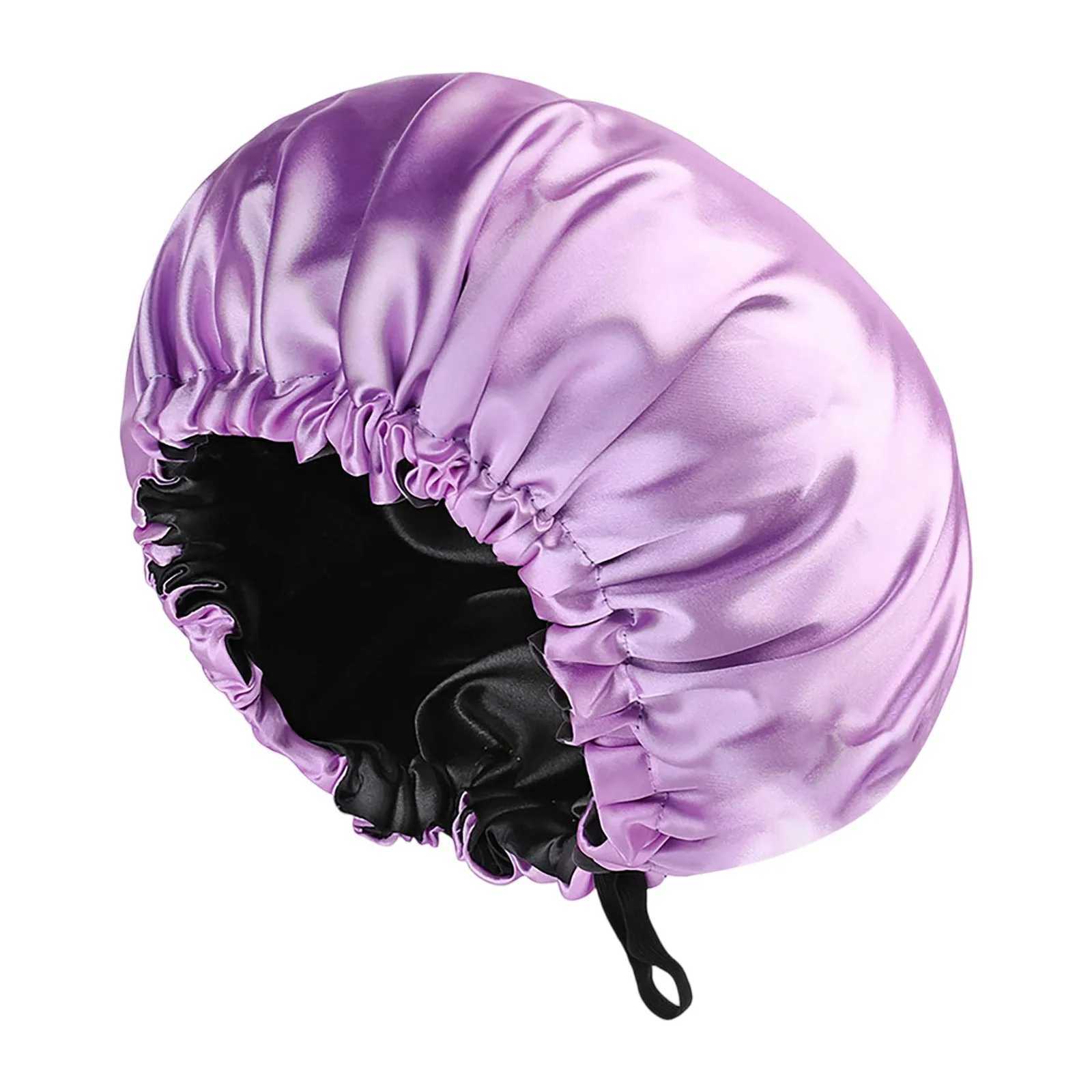 Womens Satin Shower Caps Solid Bonnets Wide-Brimmed Night Sleeping Bathing Hat Unisex Head Wrap Elastic Band Hair Care Bonnet Z250808