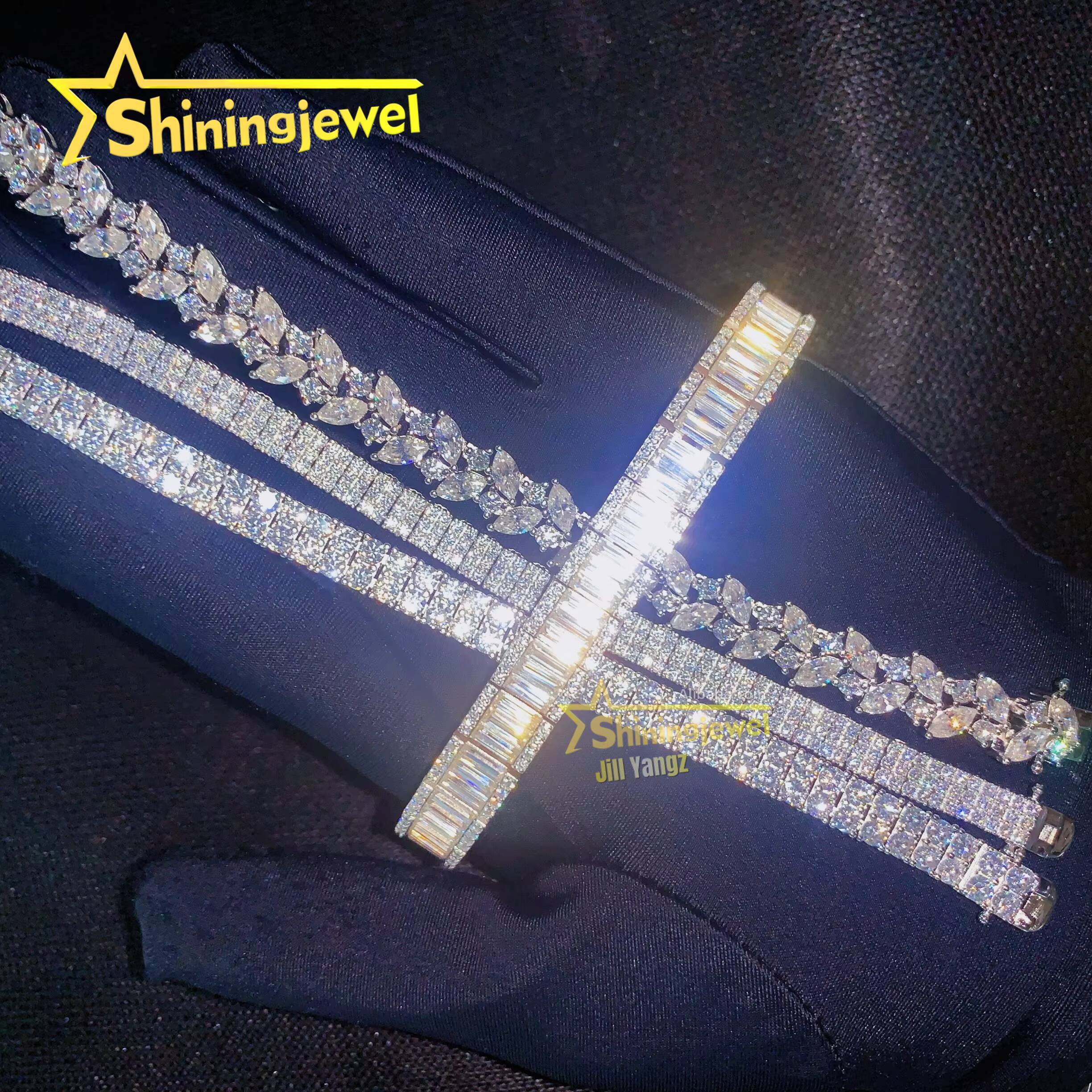 Luxury Fancy Cut Moissanite Cuban Bracelet Ready Stock Hip Hop Rock Moissanite 925 Silver Diamond Cuban Link Chain