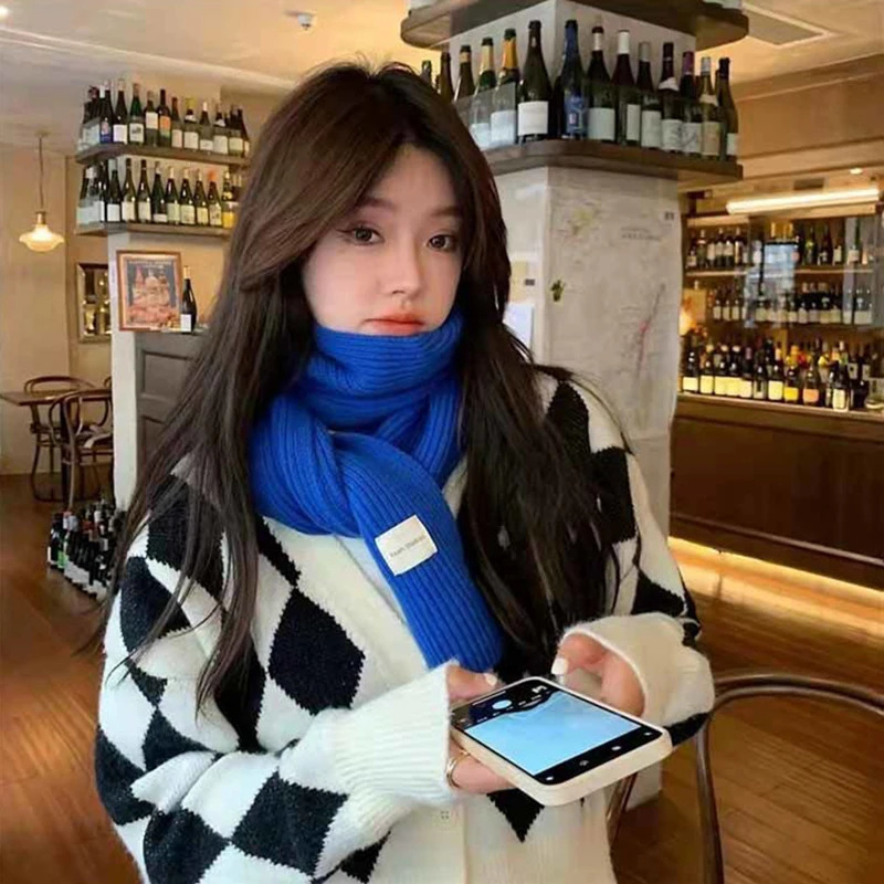 RICYGVM Solid Color Woolen Knitted Scarf For Women Windproof Warm Scarves Blue Neck Collar Winter Korean Girl Cross Neckerchief 250807