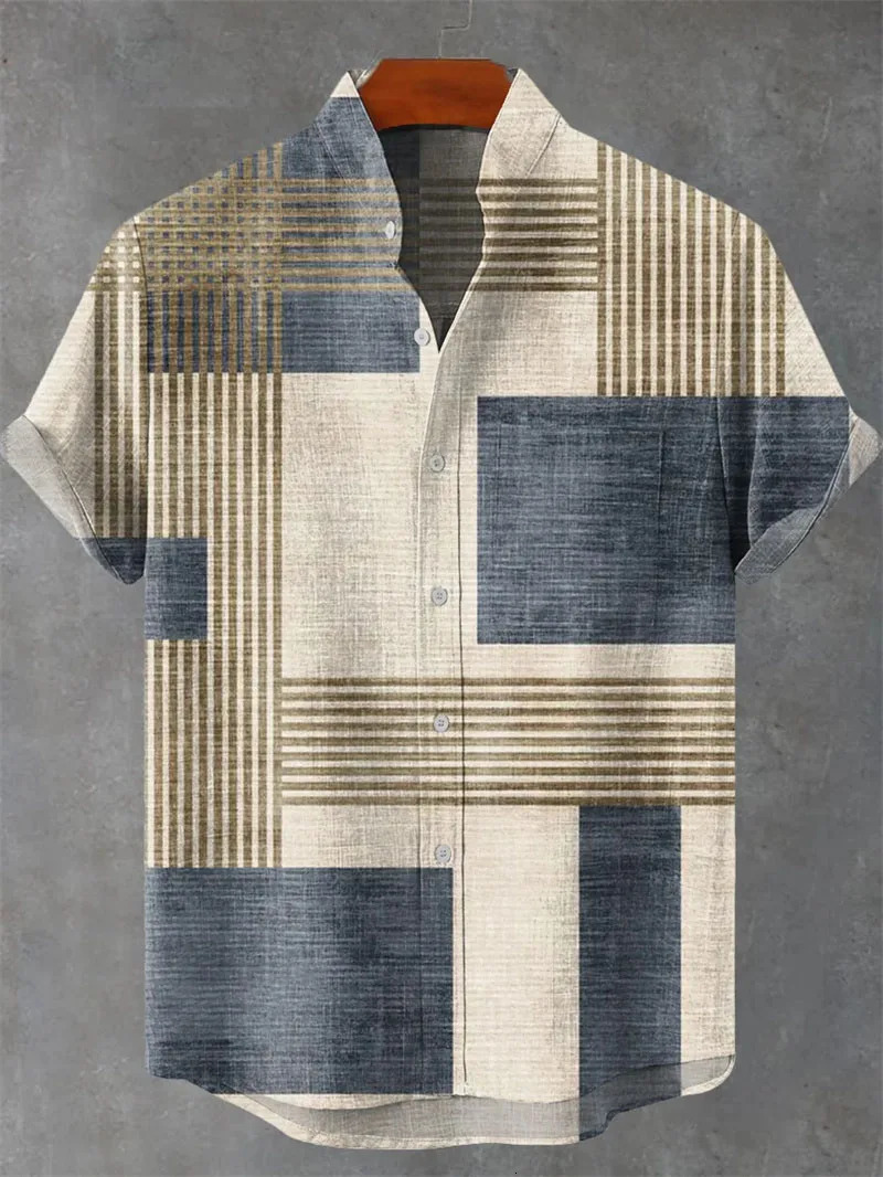 Mens Shirt 3D Printed Linen Casual Short Sleeved Top Fashionable Lapel Button Up Tshirt 250731