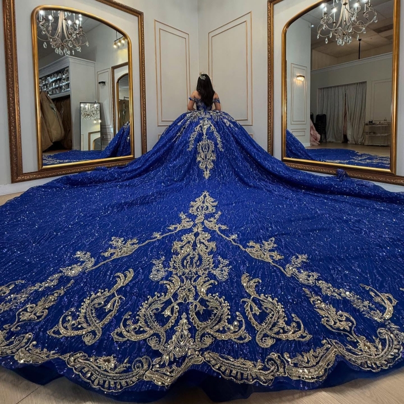 Royal Blue Shiny Quinceanera Dresses Off The Shoulder Applique Lace Beading Crystal Tull Ball Gown Vestidos 15 Anos Sweet 16 Dress