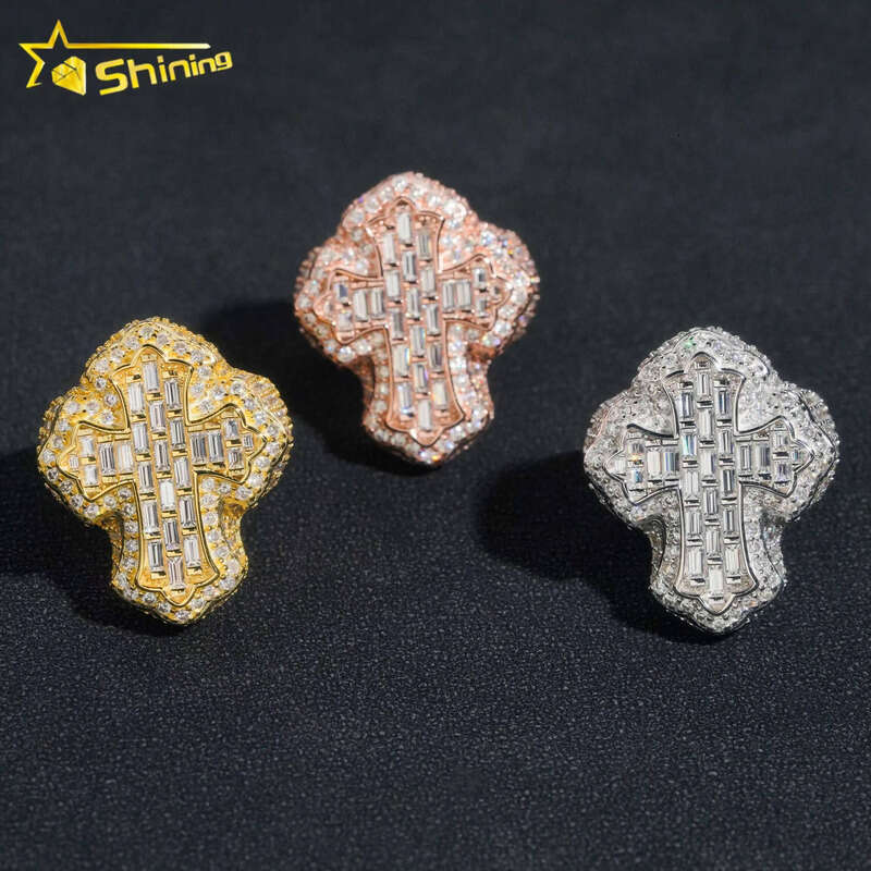 Hip Hop Fashion Iced Out Vvs Moissanite Cross Engagement Sterling Sier Men Dia Ring