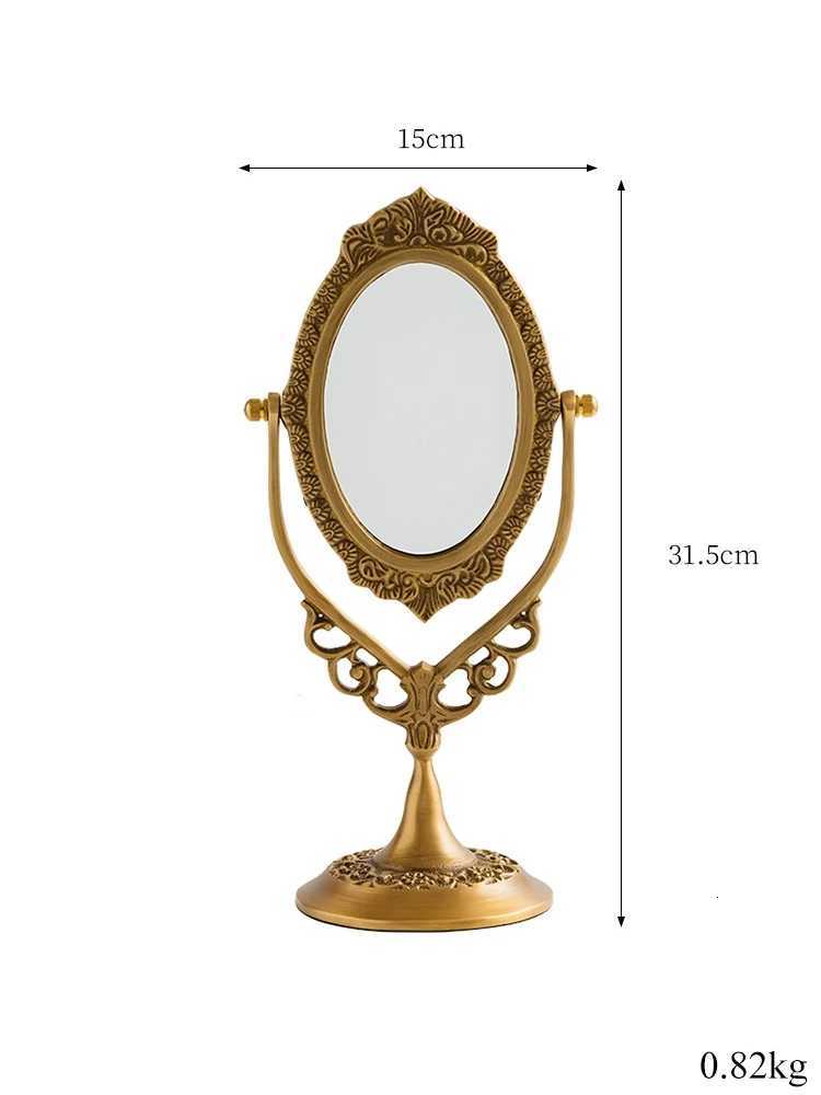 Retro Brass Tabletop Swing Mirror Oval Engraved Pattern Antique Gold Boutique Mirror Vanity Adjustable Desk Dress-up Mirror Z250807