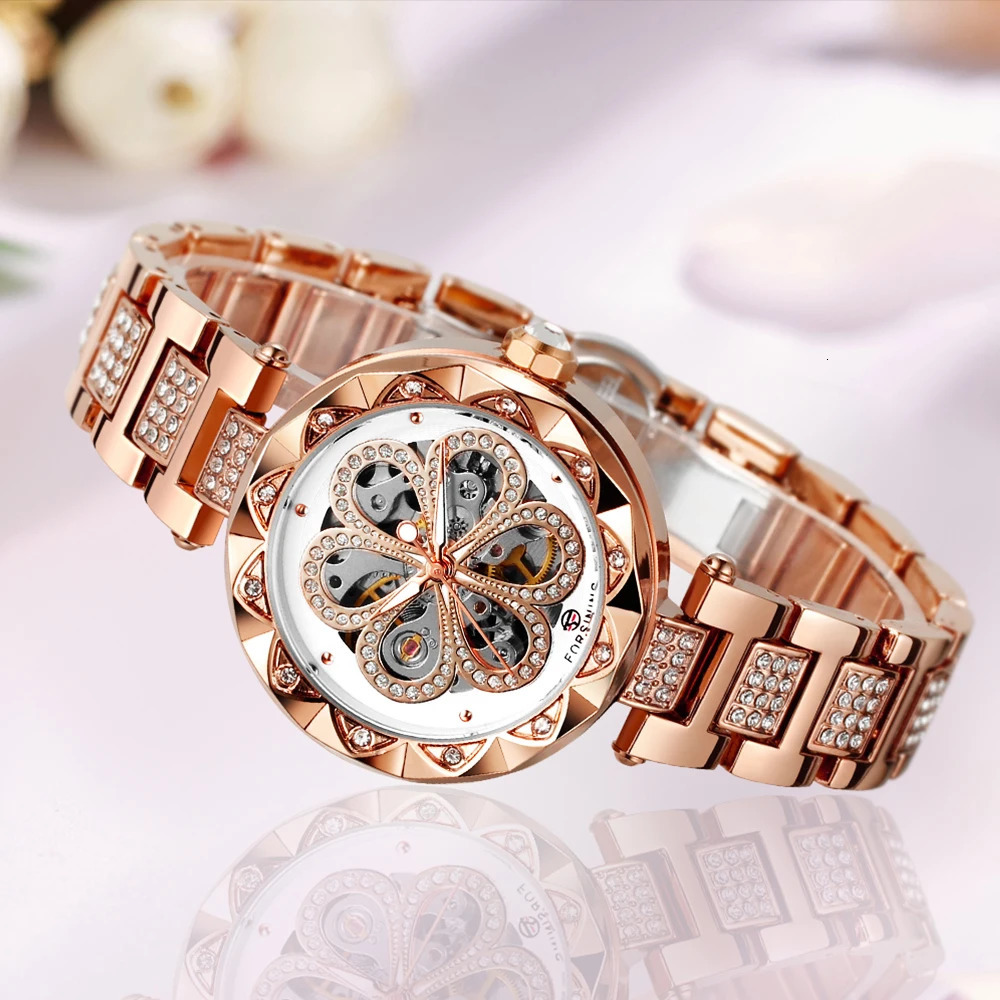 FORSINING Romantic Womens Automatic Mechanical Watches Skeleton Rhinestone Luminous Stainless Steel Stylish Female Wristwatches 250807