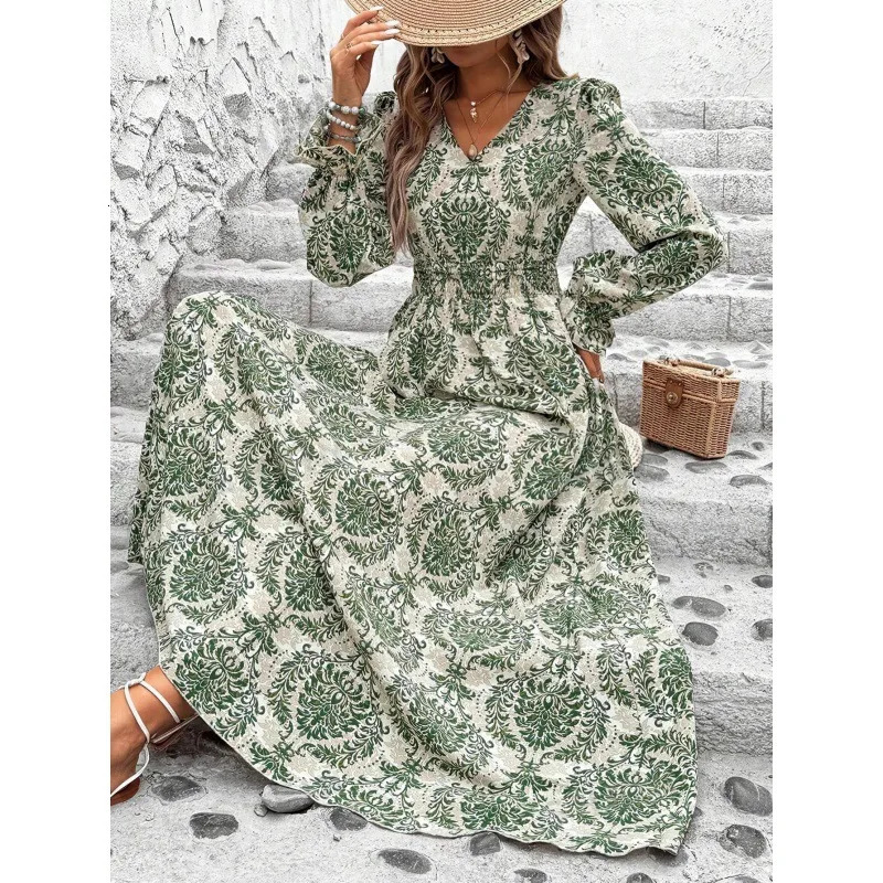Women Summer dress 2025 fashion floral printed V-neck long sleeve swing fashion all-match dresses women vestidos JQMY2351 250728