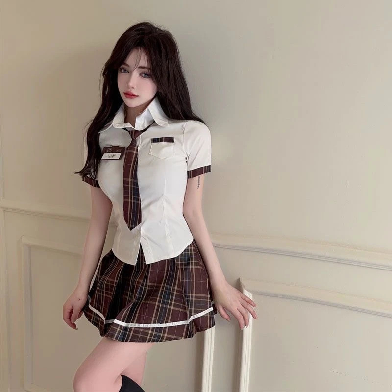 Japanese JK Uniform Set Womens Summer 2024 Sweet and Spicy Girl Waist Retraction Shirt White Slim Plaid Pleated Skirt Brown 250729