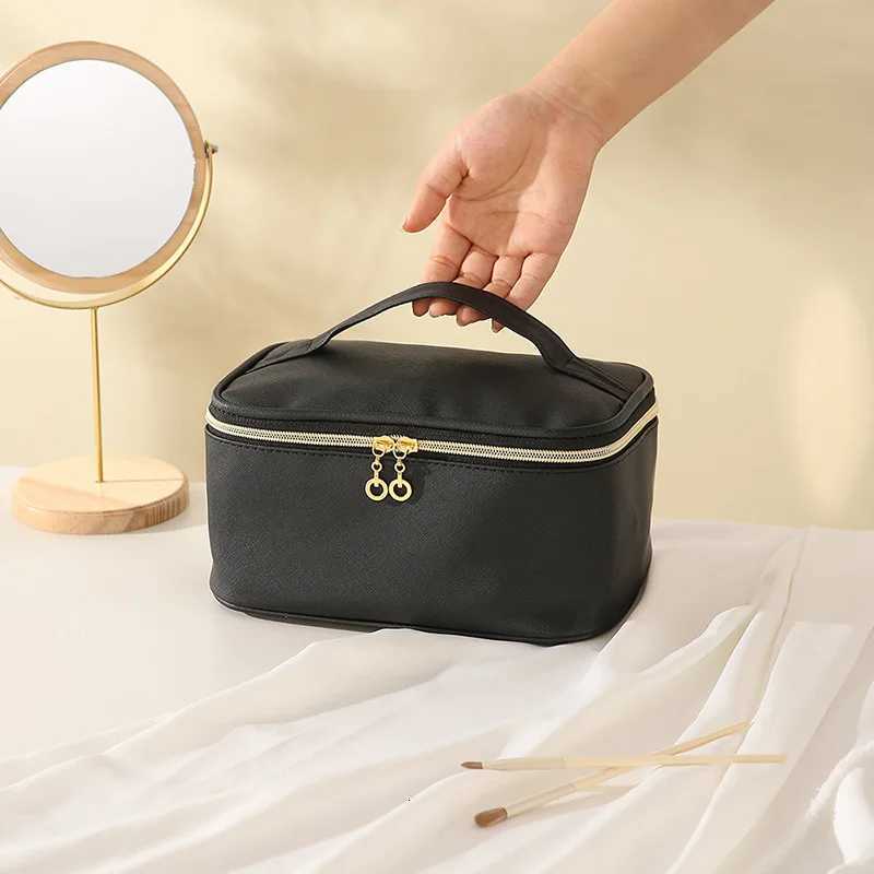 Fi Korean Large Square Tote Travel Cosmetic Bags Case PU Leather Makeup B Toiletry Organizer Storage Bag Y250808