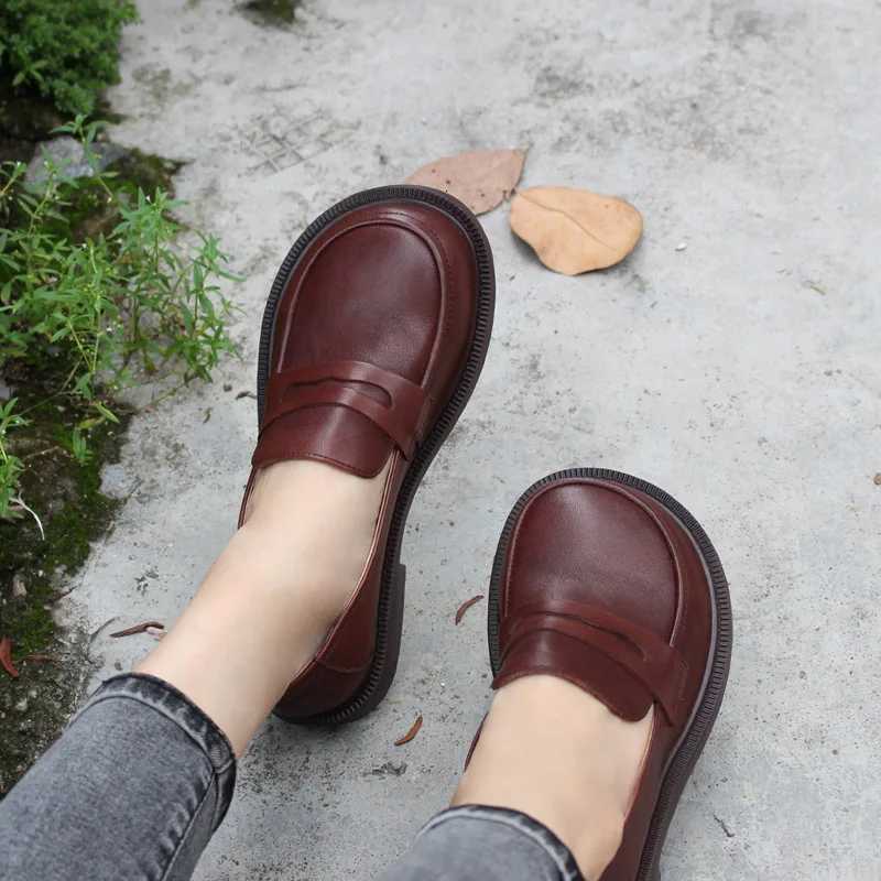 Large Head Genuine Leather Shoes Retro Large Toe Cow Leather Womens Shoes Lefu Shoes W250808