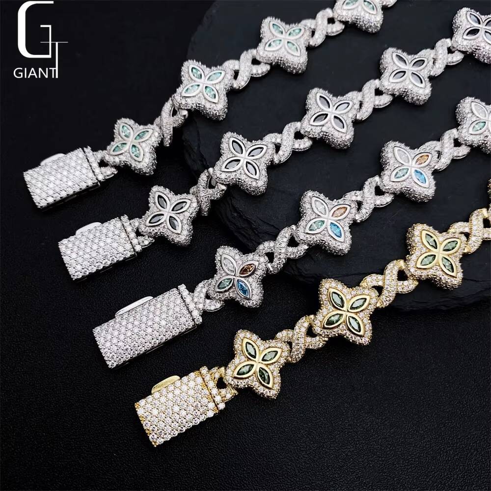 Luxury Colorful Marquise Flower Design 15mm Custom Iced Out Hip Hop Jewelry Cuban Link Chain 925 Silver VVS Moissanite Bracelet