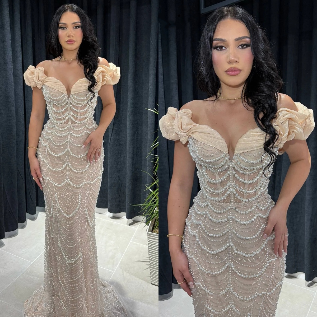 Graceful Evening Dresses Off Shoulder Pearls Prom Gowns Sequins Sweep Train Beading Slim Sweep Strain Customized Vestidos De Noche Plus Size