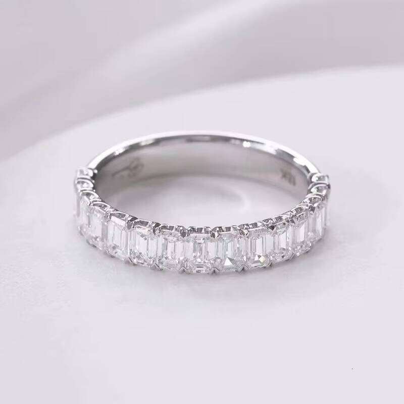 XingGuang14K Solid White Gold Wedding Band Emerald Round Cut Moissanite Eternity Ring for Women
