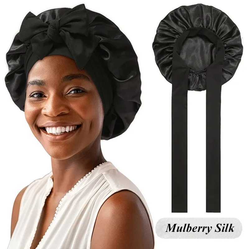 6A Grade Mulberry Silk Bonnet for Braids Locs Adjustable Wide Band Overnight Hair Protection Anti Frizz Satin Lining Z250808