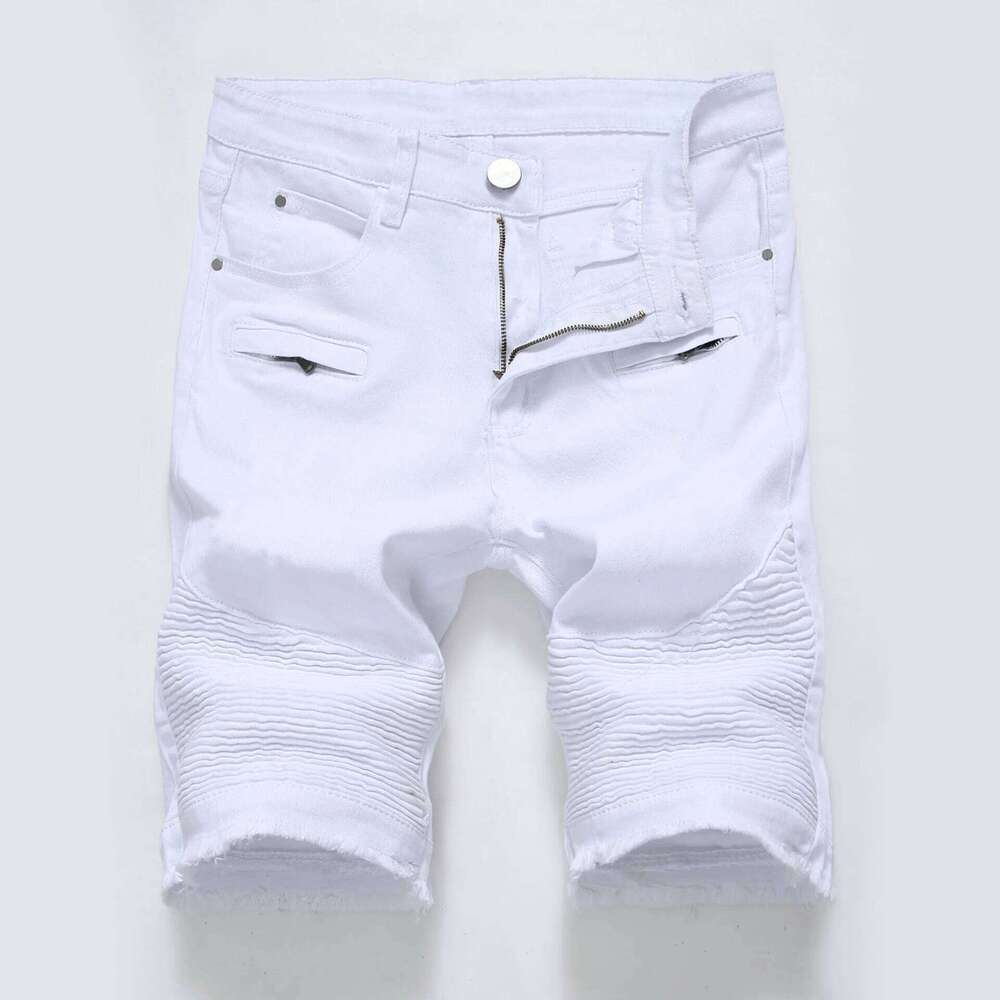 2025 Summer New Men's Jeans Pleats and Holes Decorated Shorts, Men White Black Blue Red Denim Shorts