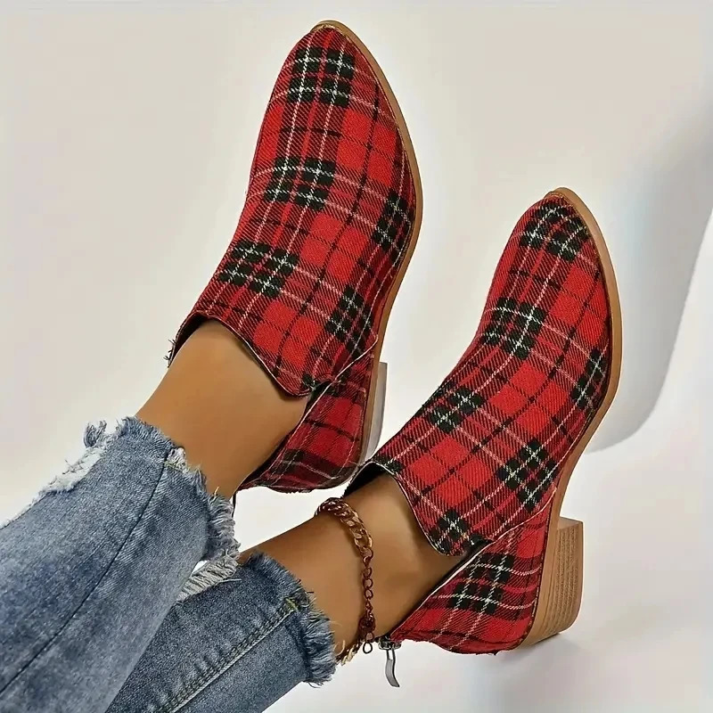Ankle Boots Womens Christmas Plaid Print Zipper Retro Red Chelsea Outdoor Platform Shoes Classic Side Booties 250801