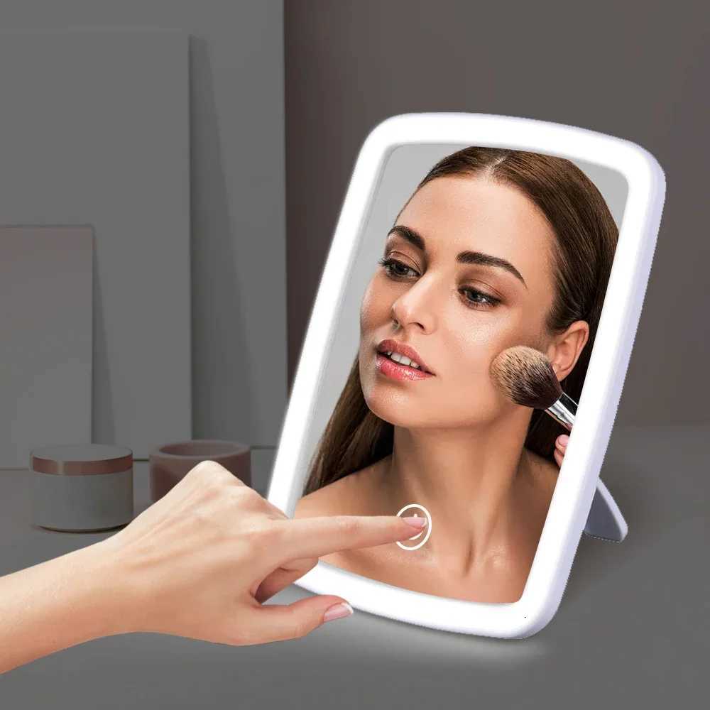 LED Makeup Mini Mirror with Stand Desktop Folding Compact White Square Travel Makeup Mirror with Light Dry Battery and USB Plug Z250807
