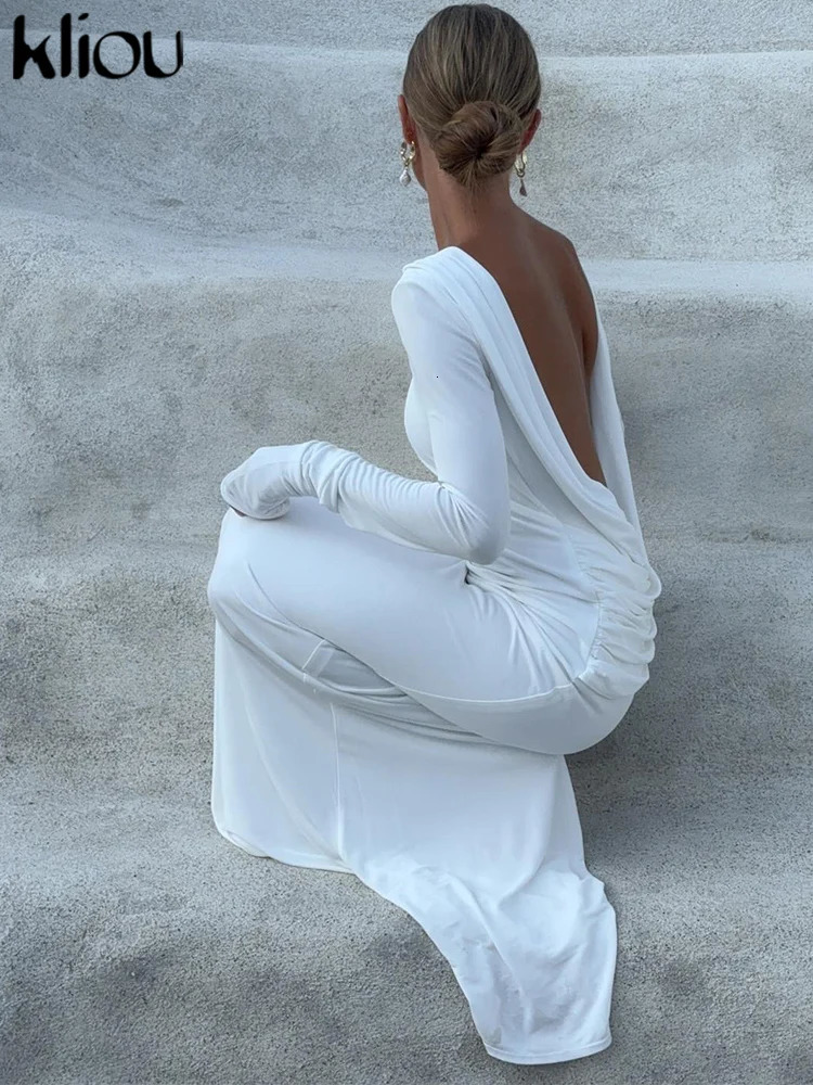 kliou Solid Elegant Women Maxi Dress Simple Fall Classic Trend Full Sleeve Swinging Backless Sheath Vestidos Mujer Evening Robe 250805
