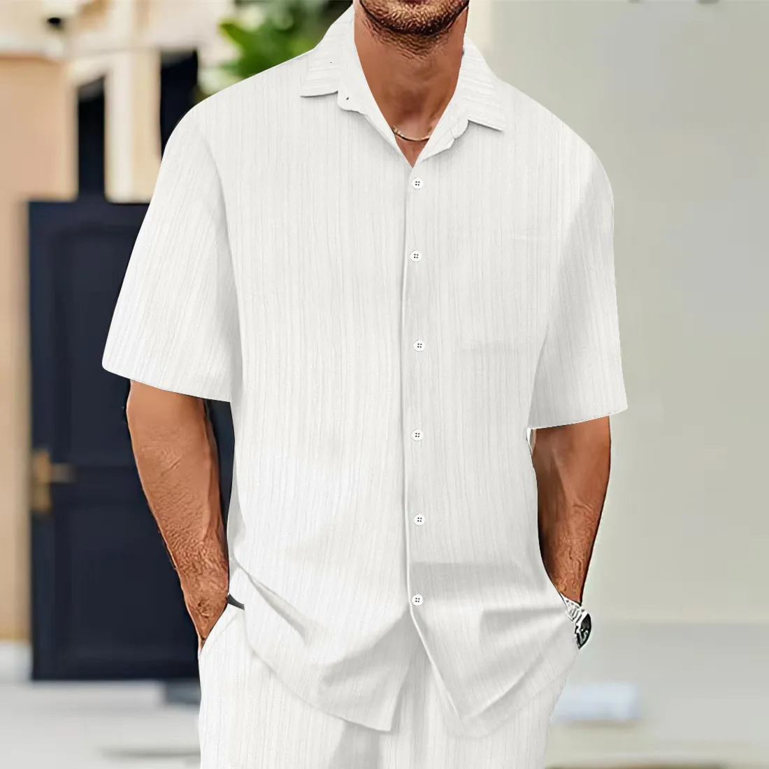 Mens ShortSleeved Shirts Summer Solid Color Turndown collar Casual Beach Style Plus Size 250807