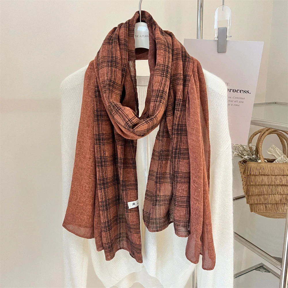High Quality Linen Plaid Scarf Vintage Unisex British Shawls Wraps Fashion Travel Holiday Beach Towel Summer Sunscreen Scarves 250807