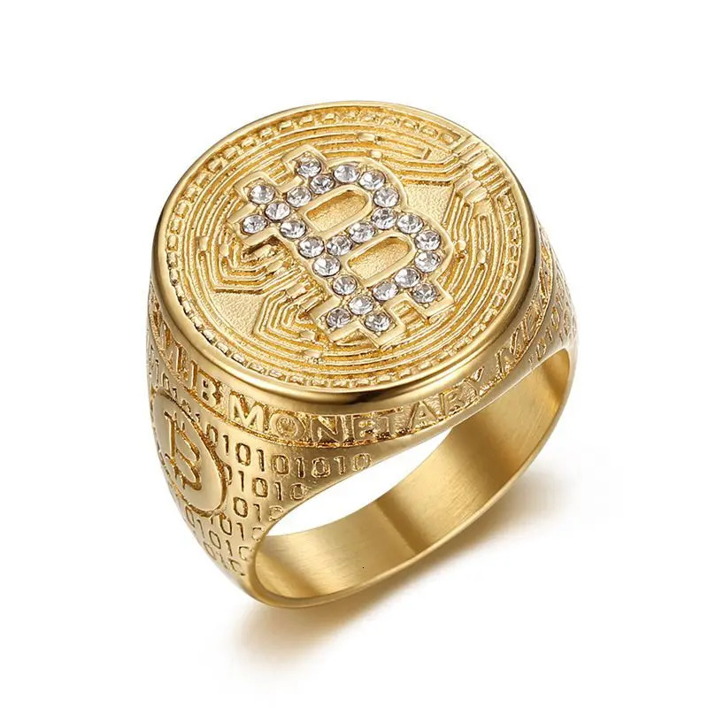Stainless Steel Hip Hop Bling Iced Out Bitcoin Punk Rings for Men Women Couples Boyfriends Gift Fashion Jewelry 250717