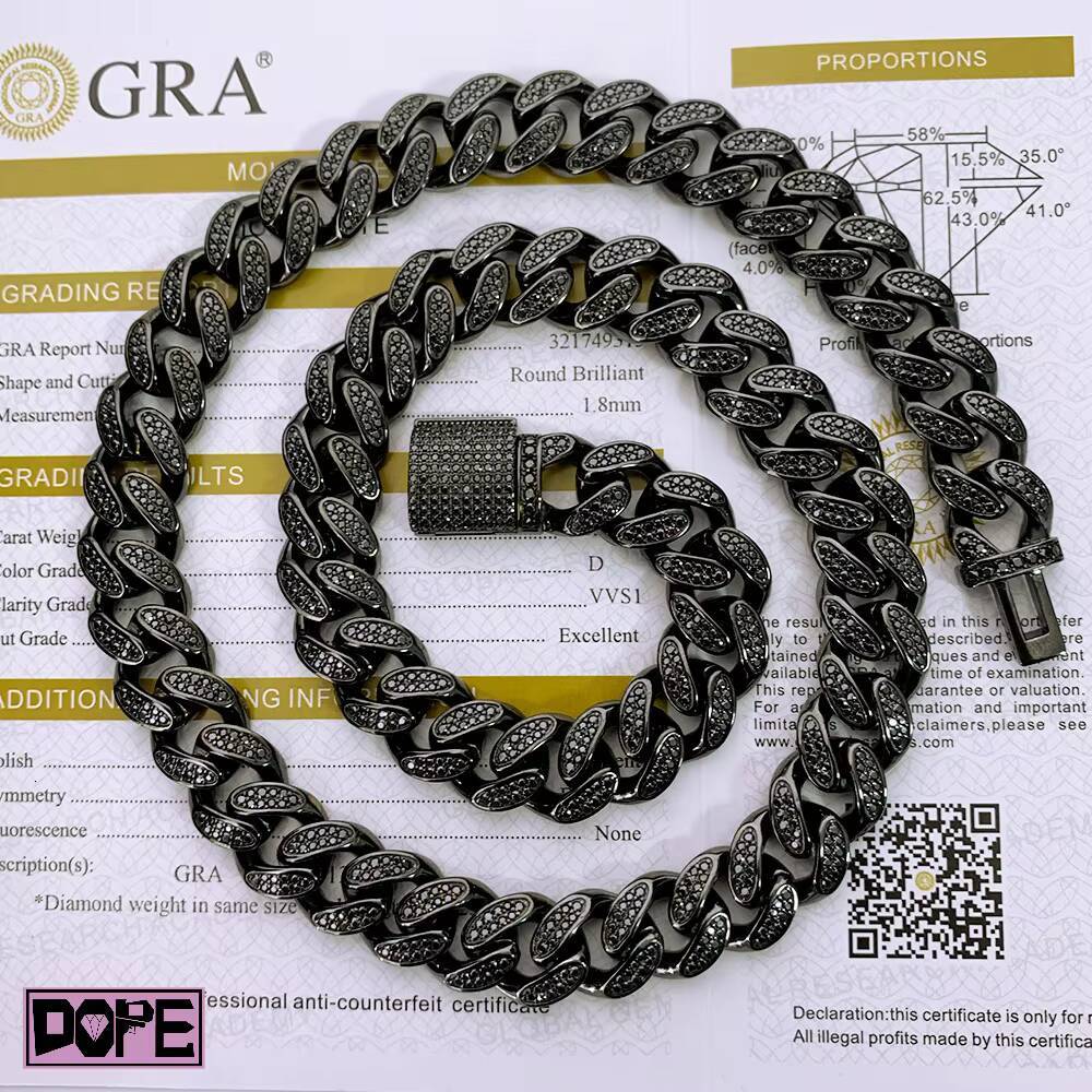 Iced Out 10mm Wholesale Cuban Link Chain VVS Moissanite 925 Sterling Silver Black Moissanite Cuban Chain