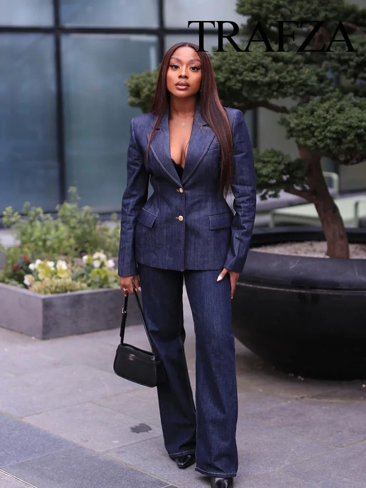TRAFZA 2025 Spring Denim Blazer Trouser Set For Women Turn-down Collar Slim Coat Top Chic Vintage Female Wide Leg Jeans 250728