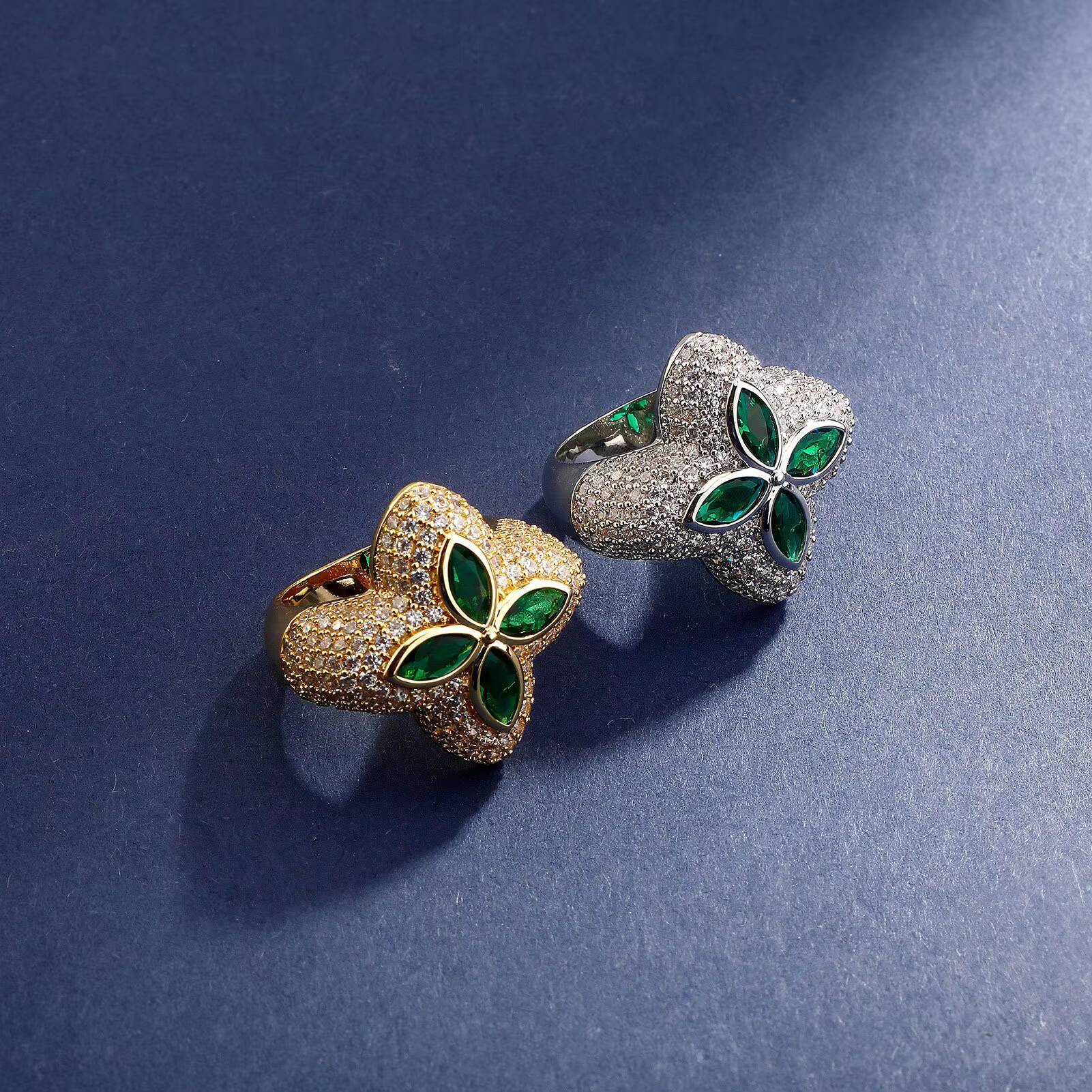 Trendy Micro Pave Inlaid Iced Shiny Dazzling Fashion Hiphop Brass Gold Plated Striking Green Flower Ring
