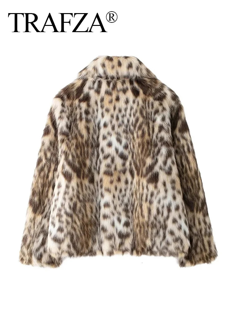 TRAFZA Winter Woman Leopard Print Lapel Faux Fur Loose Coat Pockets Fashion Long Sleeves Fuzzy Jacket Female Warm Outerwear 250806
