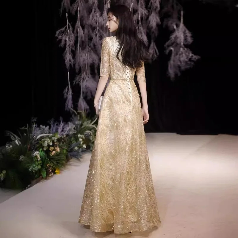 Womens Summer V-neck Gold Evening Dress Fashion Banquet Show Slimming Meeting Starry Sky Annual Meeting Lace Long Sleeve Dress 250728