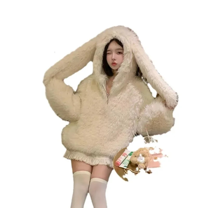 Womens Faux Lamb Fur Coat Rabbit Ear Loose Thickened Autumn Winter Style Adorable Jacket Short Outerwear Coat 250806