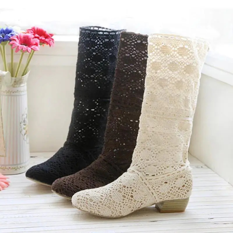 Hollow Boots Shoes Breathable Knit Line Mesh Korean High Summer Women Knee Womens 250801